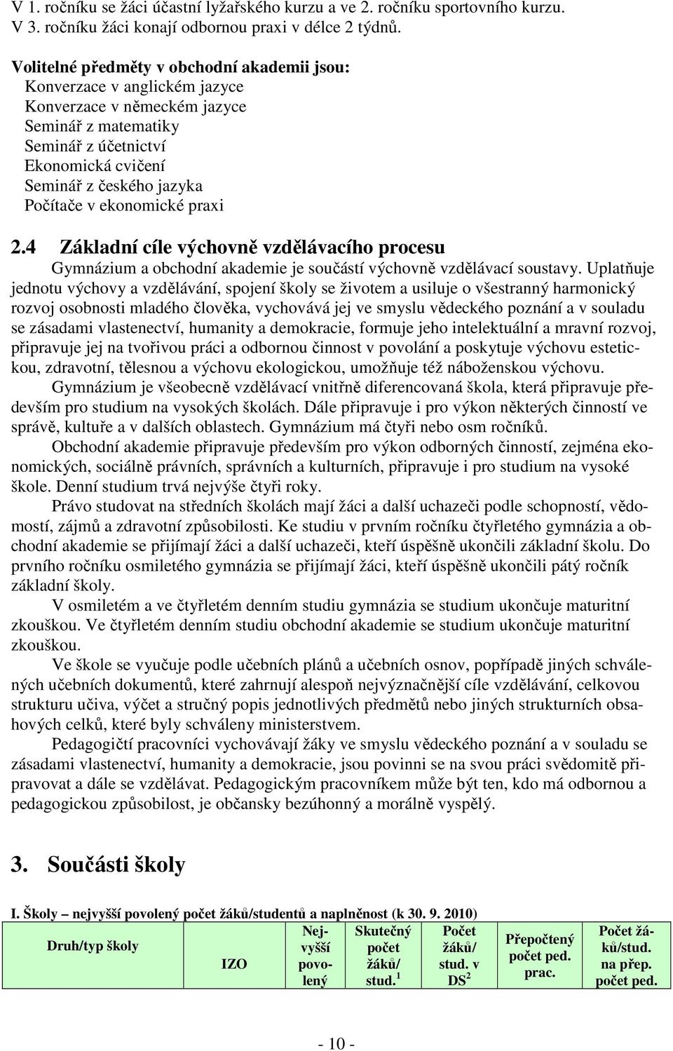 v ekonomické praxi 2.4 Základní cíle výchovně vzdělávacího procesu Gymnázium a obchodní akademie je součástí výchovně vzdělávací soustavy.