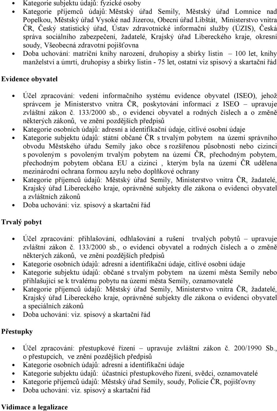 druhopisy a sbírky listin 100 let, knihy manželství a úmrtí, druhopisy a sbírky listin - 75 let, ostatní viz spisový a skartační řád Evidence obyvatel Účel zpracování: vedení informačního systému