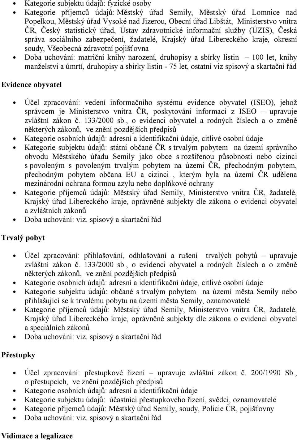 druhopisy a sbírky listin 100 let, knihy manželství a úmrtí, druhopisy a sbírky listin - 75 let, ostatní viz spisový a skartační řád Evidence obyvatel Účel zpracování: vedení informačního systému