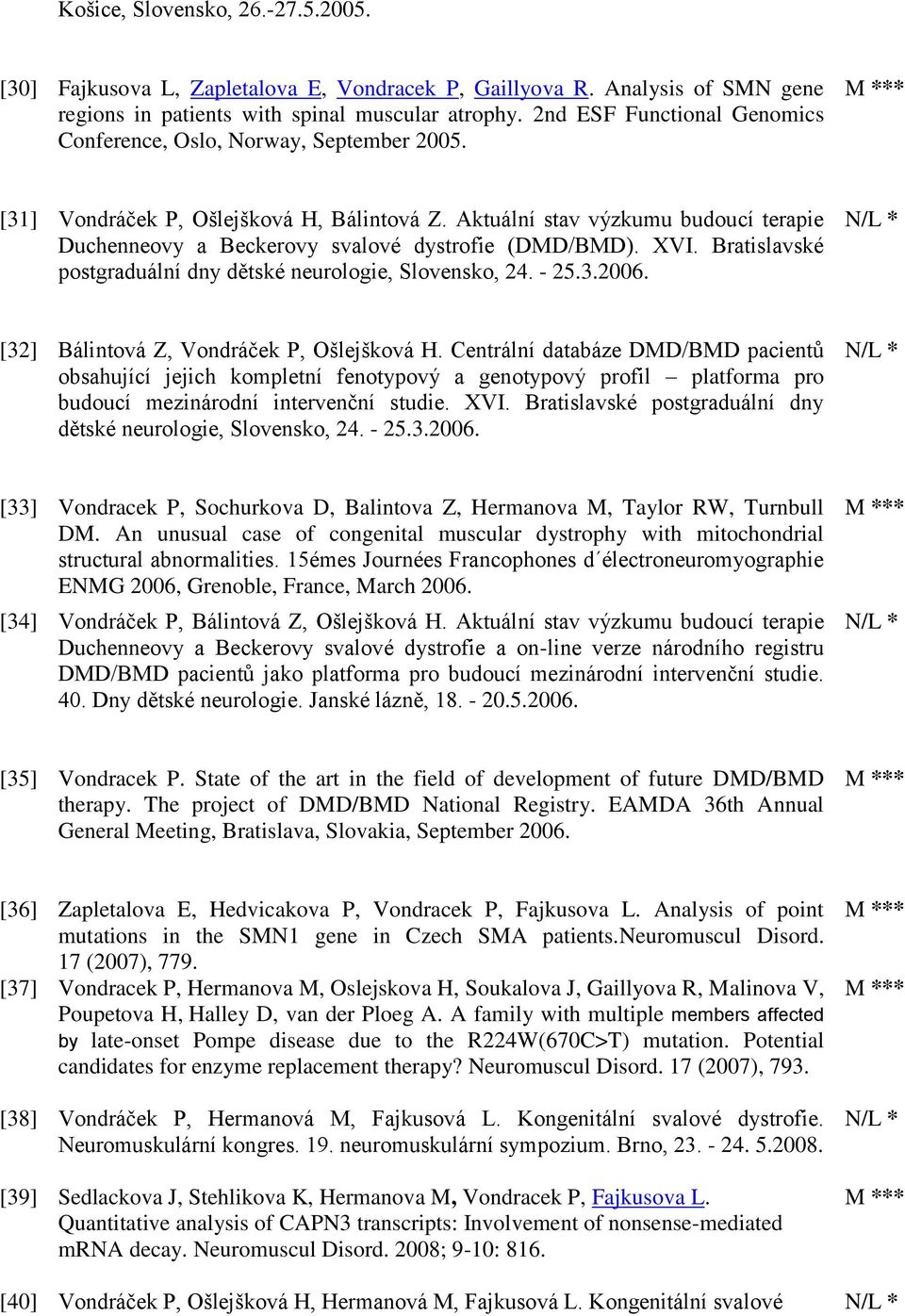 Aktuální stav výzkumu budoucí terapie Duchenneovy a Beckerovy svalové dystrofie (DMD/BMD). XVI. Bratislavské postgraduální dny dětské neurologie, Slovensko, 24. - 25.3.2006.