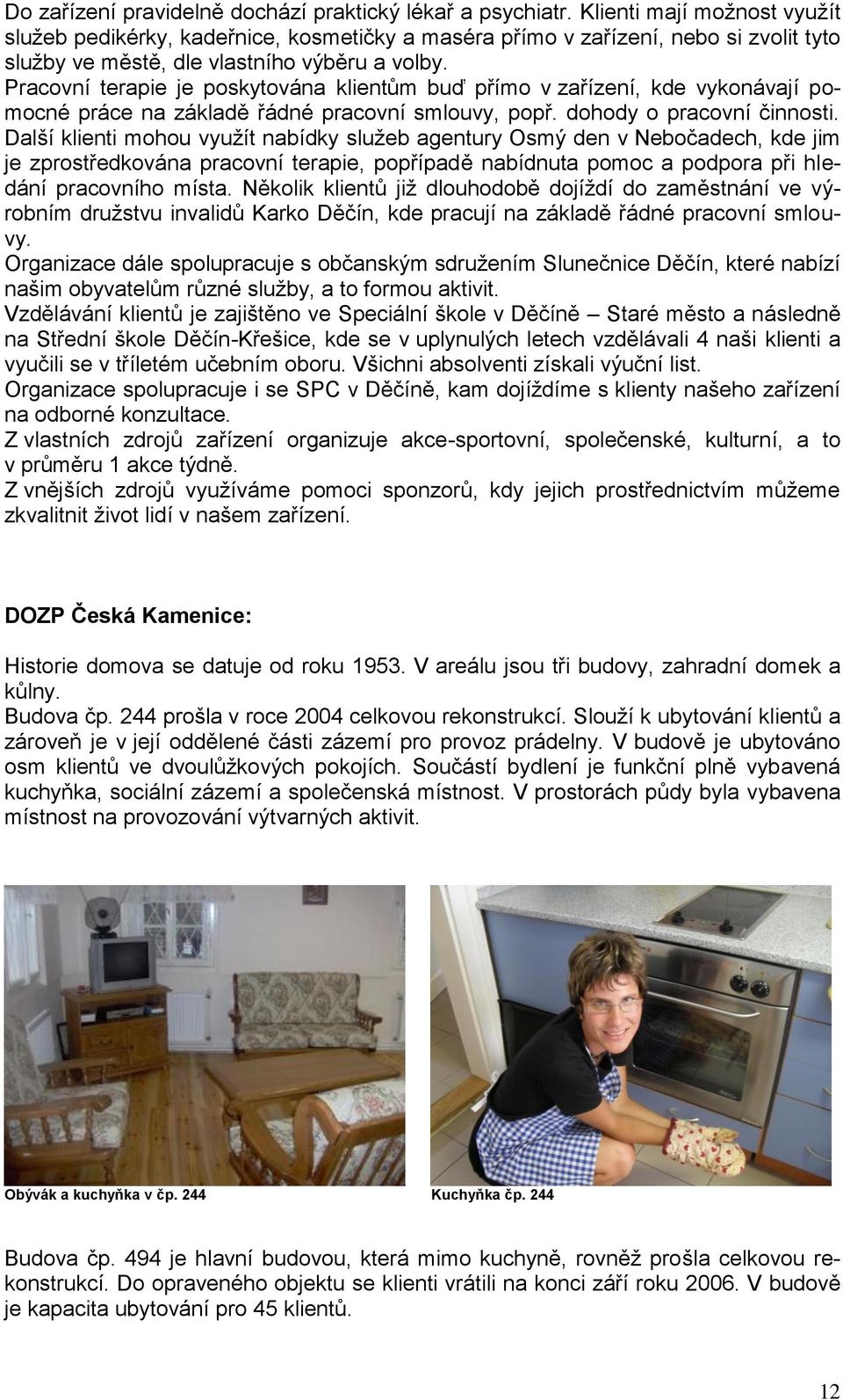 Pracovní terapie je poskytována klientům buď přímo v zařízení, kde vykonávají pomocné práce na základě řádné pracovní smlouvy, popř. dohody o pracovní činnosti.