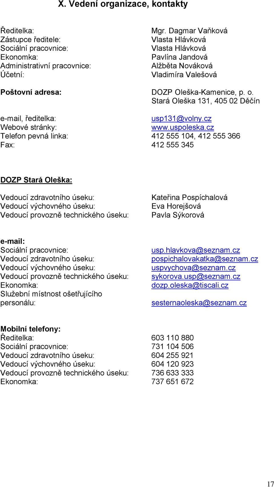 Stará Oleška 131, 405 02 Děčín e-mail, ředitelka: usp131@volny.cz Webové stránky: www.uspoleska.