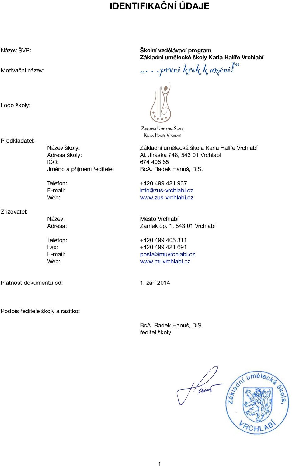 Jiráska 748, 543 01 Vrchlabí IČO: 674 406 65 Jméno a příjmení ředitele: BcA. Radek Hanuš, DiS. Telefon: +420 499 421 937 E-mail: info@zus-vrchlabi.