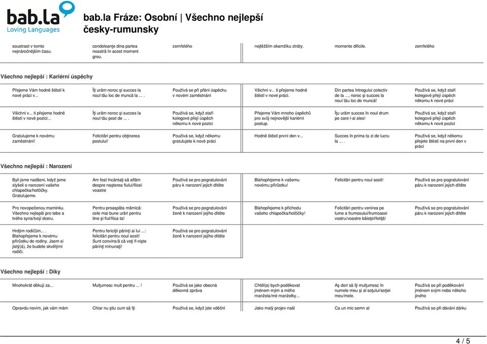 ... Používá se při přání úspěchu v novém zaměstnání Všichni v... ti přejeme hodně štěstí v nové práci. Din partea întregului colectiv de la..., noroc şi succes la noul tău loc de muncă!