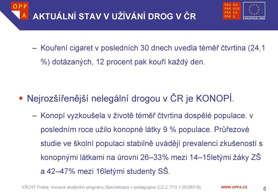 Konopí vyzkoušela v životě téměř čtvrtina dospělé populace. v posledním roce užilo konopné látky 9 % populace.