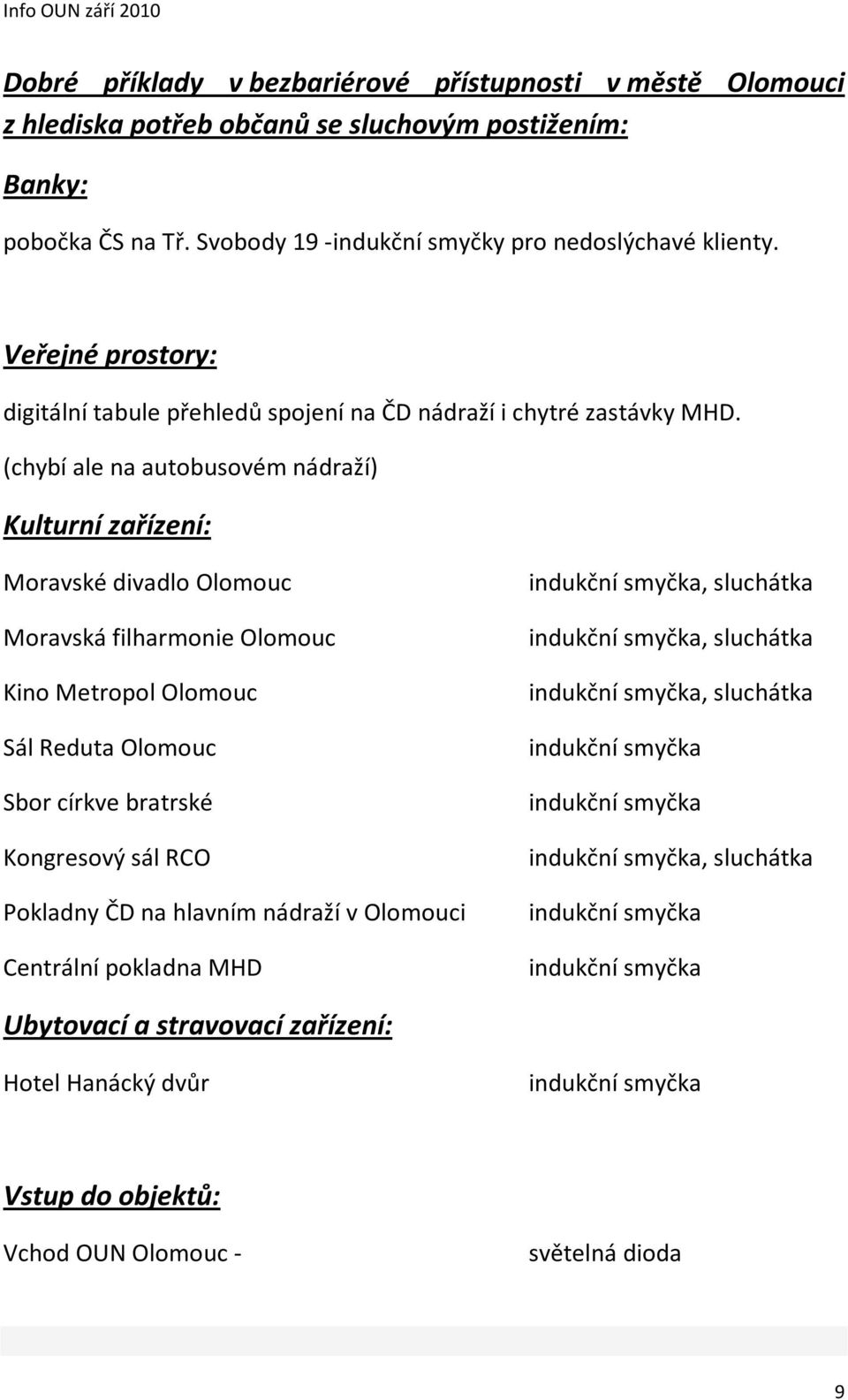 (chybí ale na autobusovém nádraží) Kulturní zařízení: Moravské divadlo Olomouc Moravská filharmonie Olomouc Kino Metropol Olomouc Sál Reduta Olomouc Sbor církve bratrské Kongresový sál RCO Pokladny