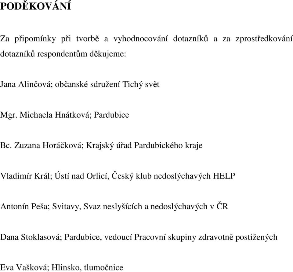Zuzana Horáčková; Krajský úřad Pardubického kraje Vladimír Král; Ústí nad Orlicí, Český klub nedoslýchavých HELP