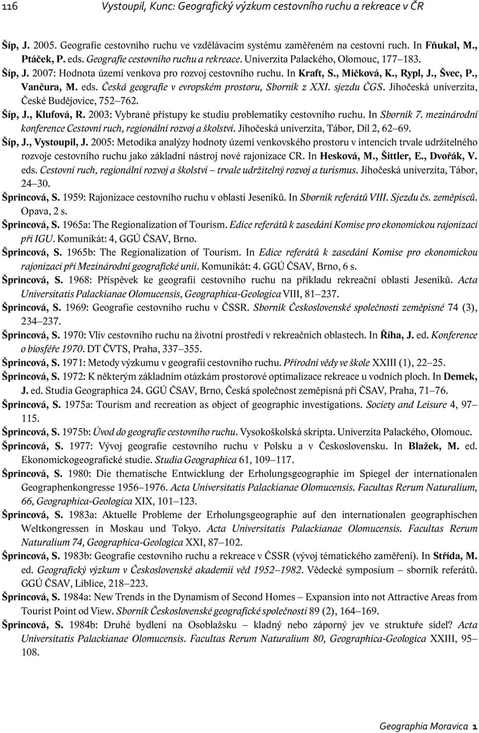 , Vančura, M. eds. Česká geografie v evropském prostoru, Sborník z XXI. sjezdu ČGS. Jihočeská univerzita, České Budějovice, 752 762. Šíp, J., Klufová, R.