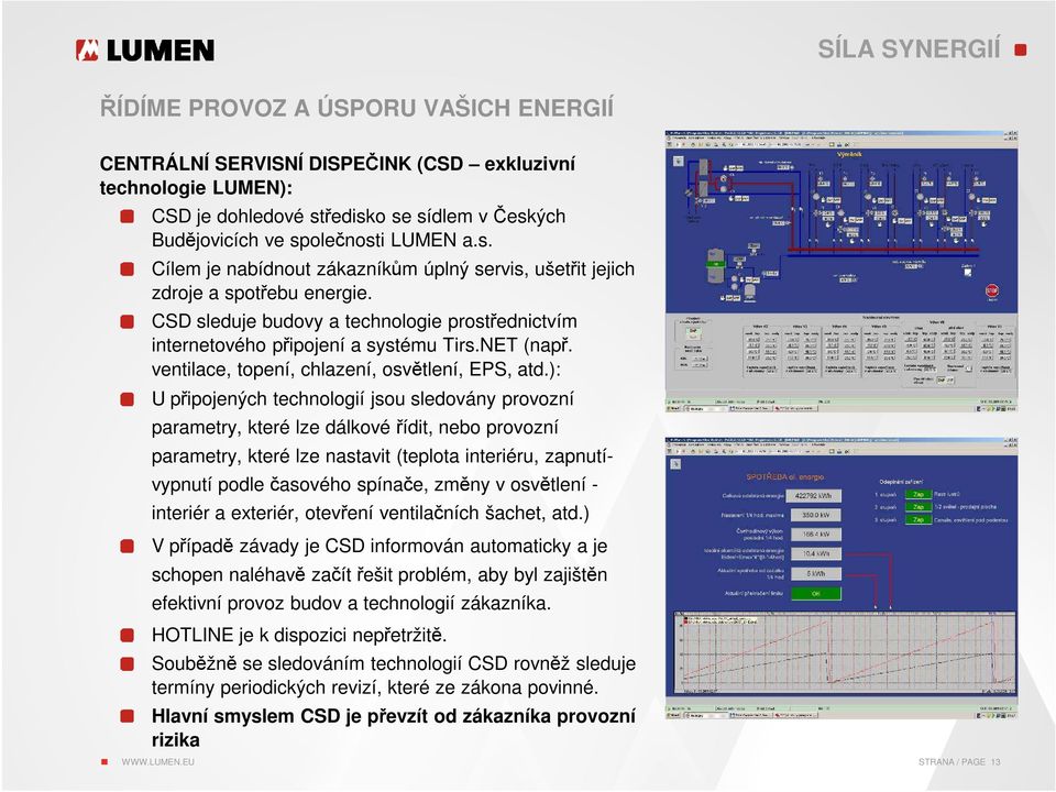 CSD sleduje budovy a technologie prostřednictvím internetového připojení a systému Tirs.NET (např. ventilace, topení, chlazení, osvětlení, EPS, atd.