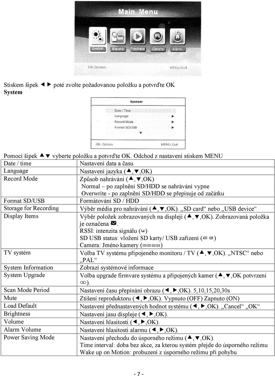 zaplnění SD/HDD se přepisuje od začátku Format SD/USB Formátování SD / HDD Storage for Recording Výběr média pro nahrávání (,,OK).