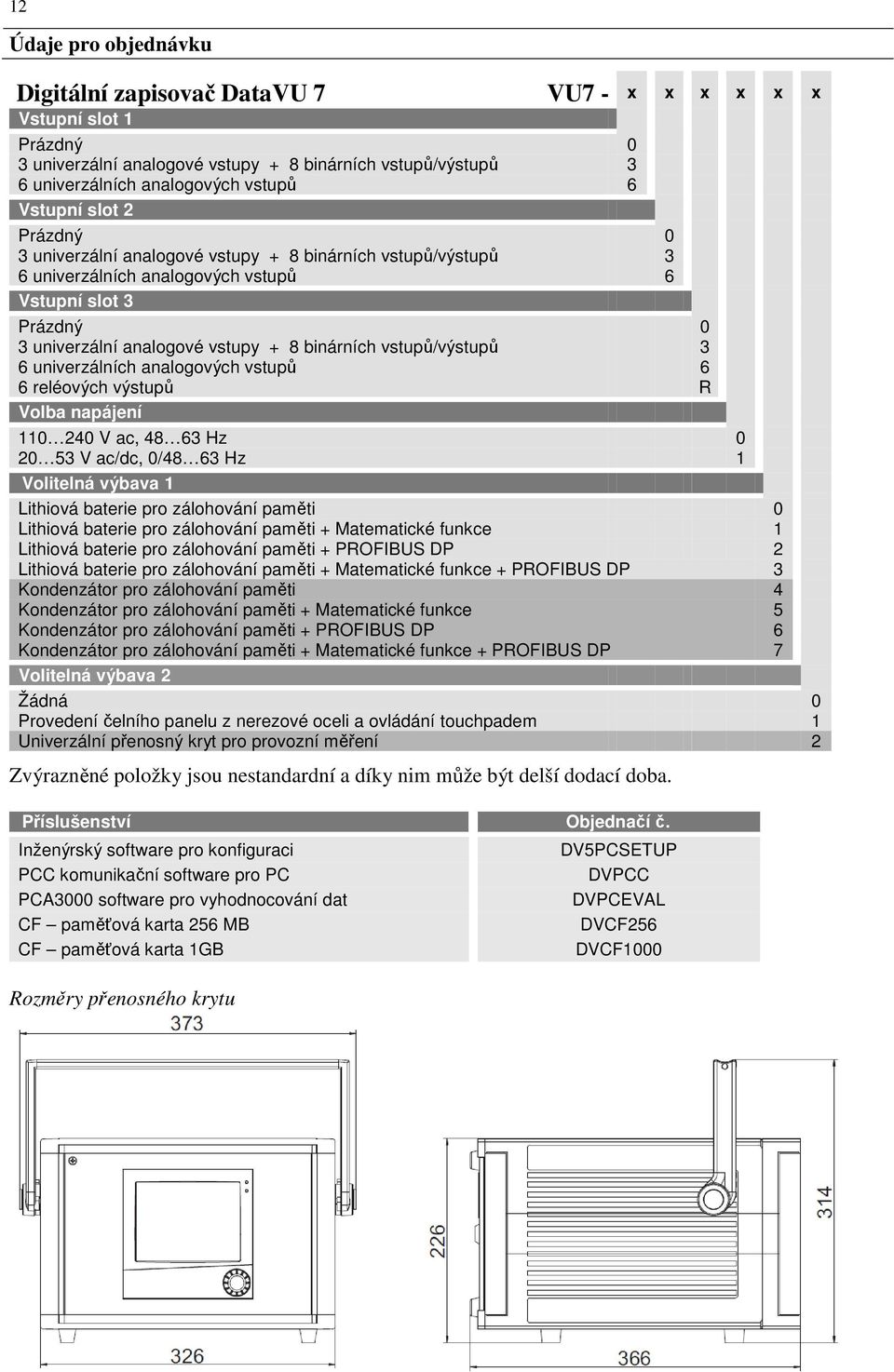 binárních vstupů/výstupů 3 6 univerzálních analogových vstupů 6 6 reléových výstupů R Volba napájení 110 240 V ac, 48 63 Hz 0 20 53 V ac/dc, 0/48 63 Hz 1 Volitelná výbava 1 Lithiová baterie pro