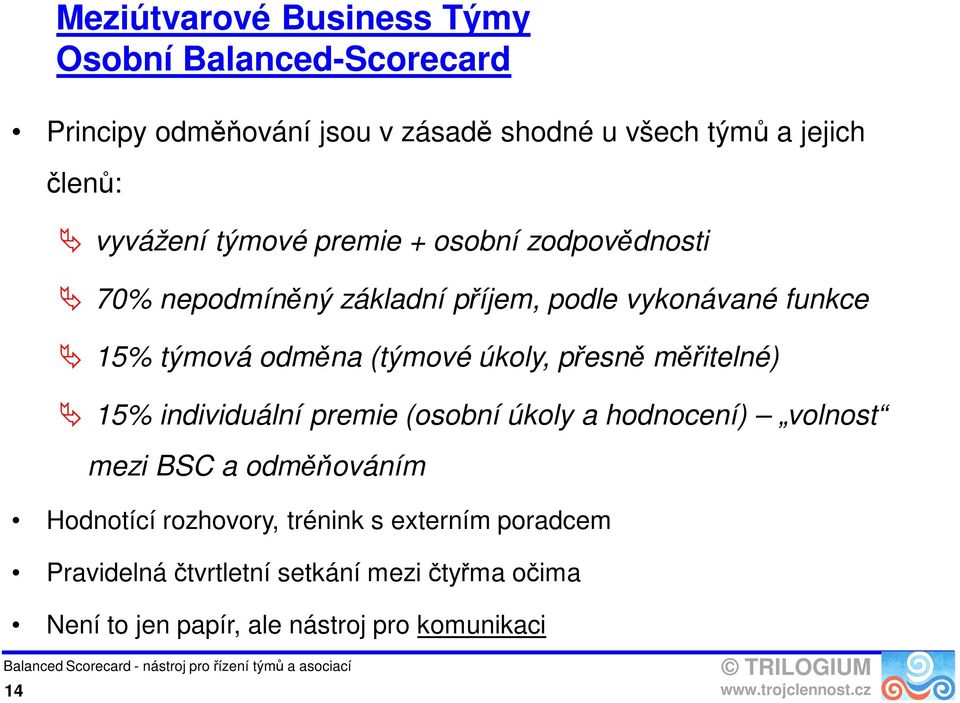(týmové úkoly, přesně měřitelné) 15% individuální premie (osobní úkoly a hodnocení) volnost mezi BSC a odměňováním Hodnotící