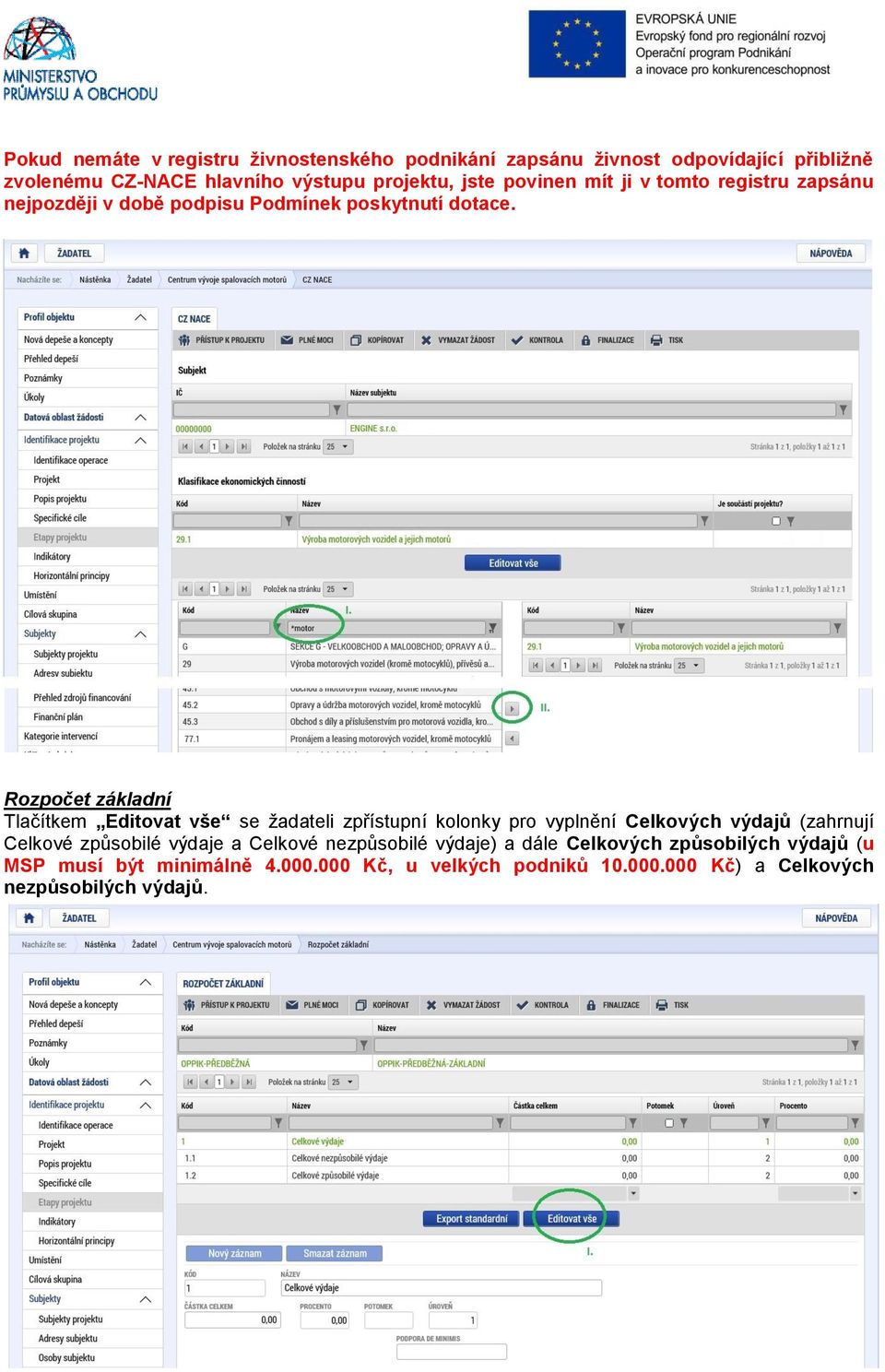 Rozpočet základní Tlačítkem Editovat vše se žadateli zpřístupní kolonky pro vyplnění Celkových výdajů (zahrnují Celkové způsobilé