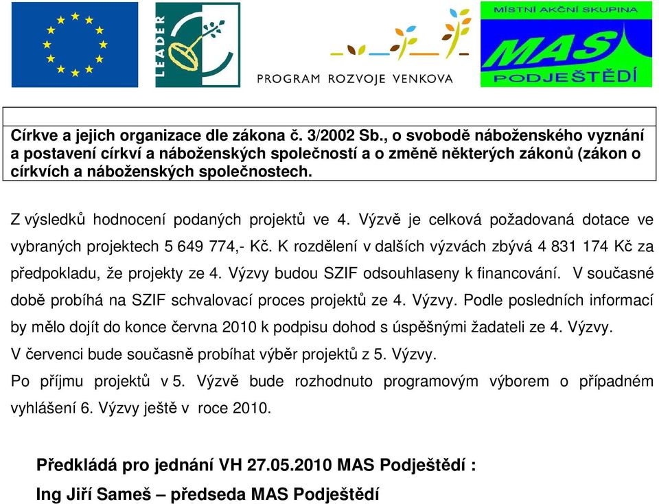 Výzvě je celková požadovaná dotace ve vybraných projektech 5 649 774,- Kč. K rozdělení v dalších výzvách zbývá 4 831 174 Kč za předpokladu, že projekty ze 4.