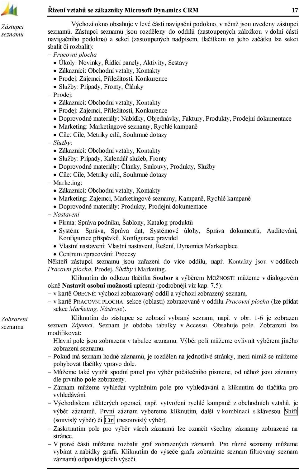 plocha Úkoly: Novinky, Řídící panely, Aktivity, Sestavy Zákazníci: Obchodní vztahy, Kontakty Prodej: Zájemci, Příležitosti, Konkurence Služby: Případy, Fronty, Články Prodej: Zákazníci: Obchodní