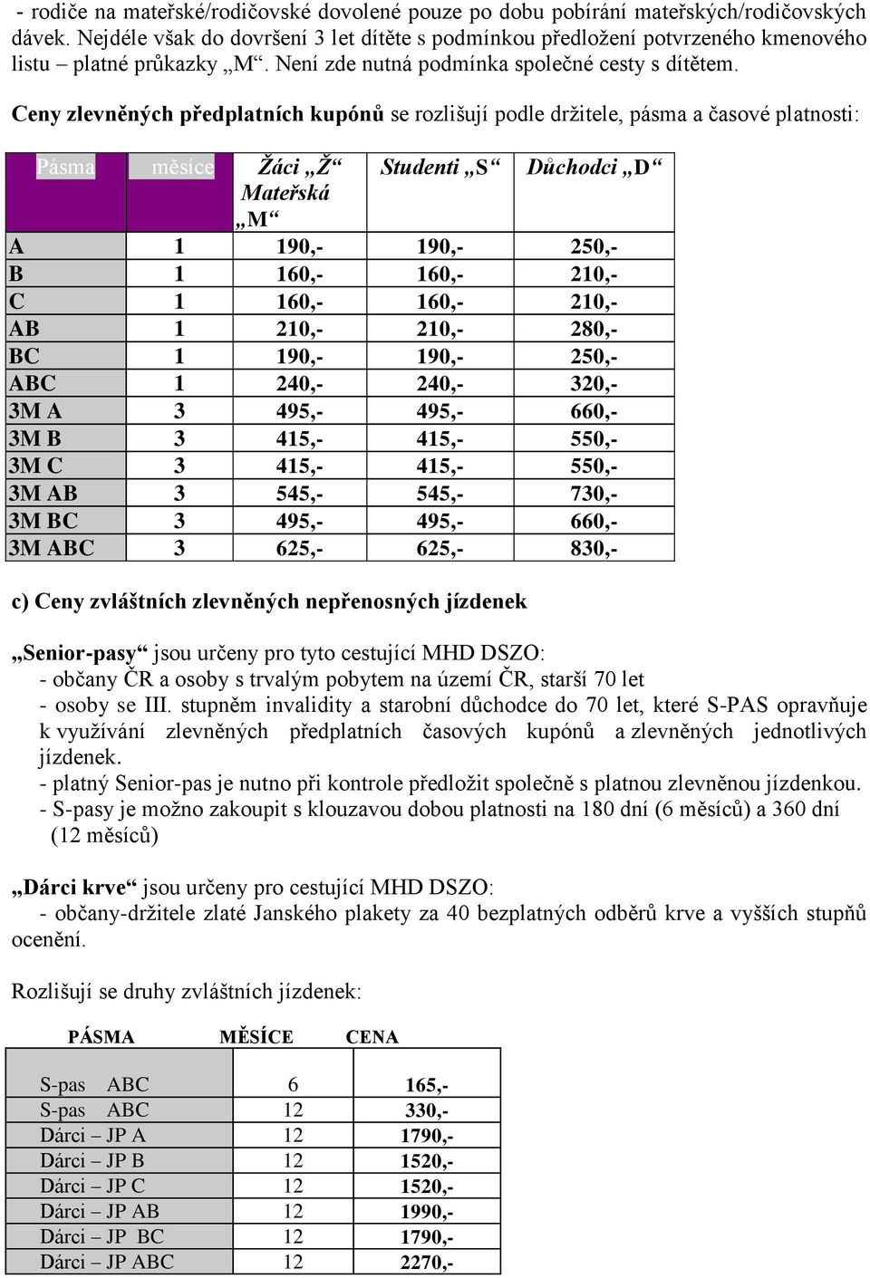 Ceny zlevněných předplatních kupónů se rozlišují podle držitele, pásma a časové platnosti: Pásma měsíce Žáci Ž Studenti S Důchodci D Mateřská M A 1 190,- 190,- 250,- B 1 160,- 160,- 210,- C 1 160,-