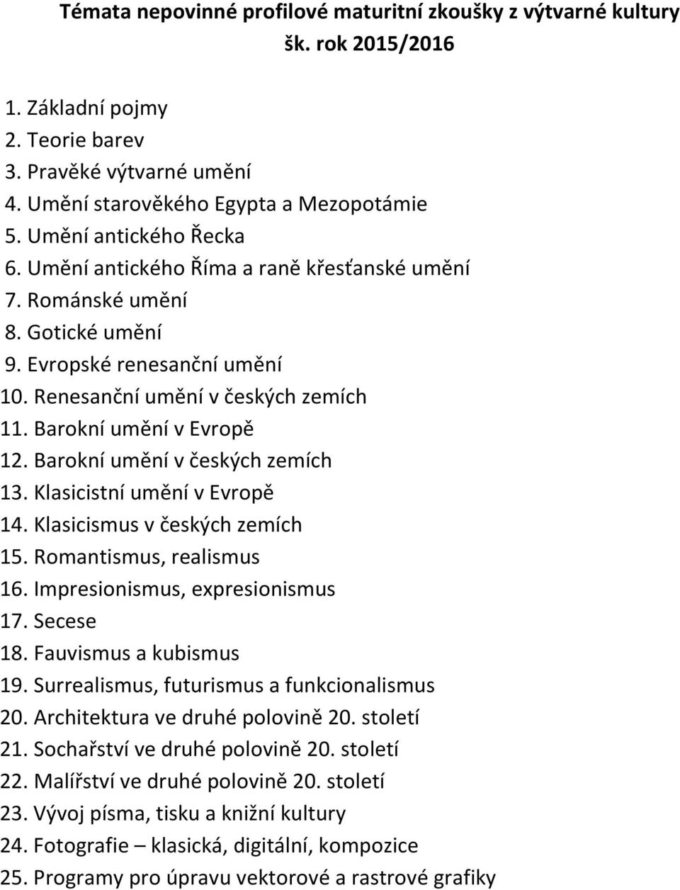 Barokní umění v českých zemích 13. Klasicistní umění v Evropě 14. Klasicismus v českých zemích 15. Romantismus, realismus 16. Impresionismus, expresionismus 17. Secese 18. Fauvismus a kubismus 19.