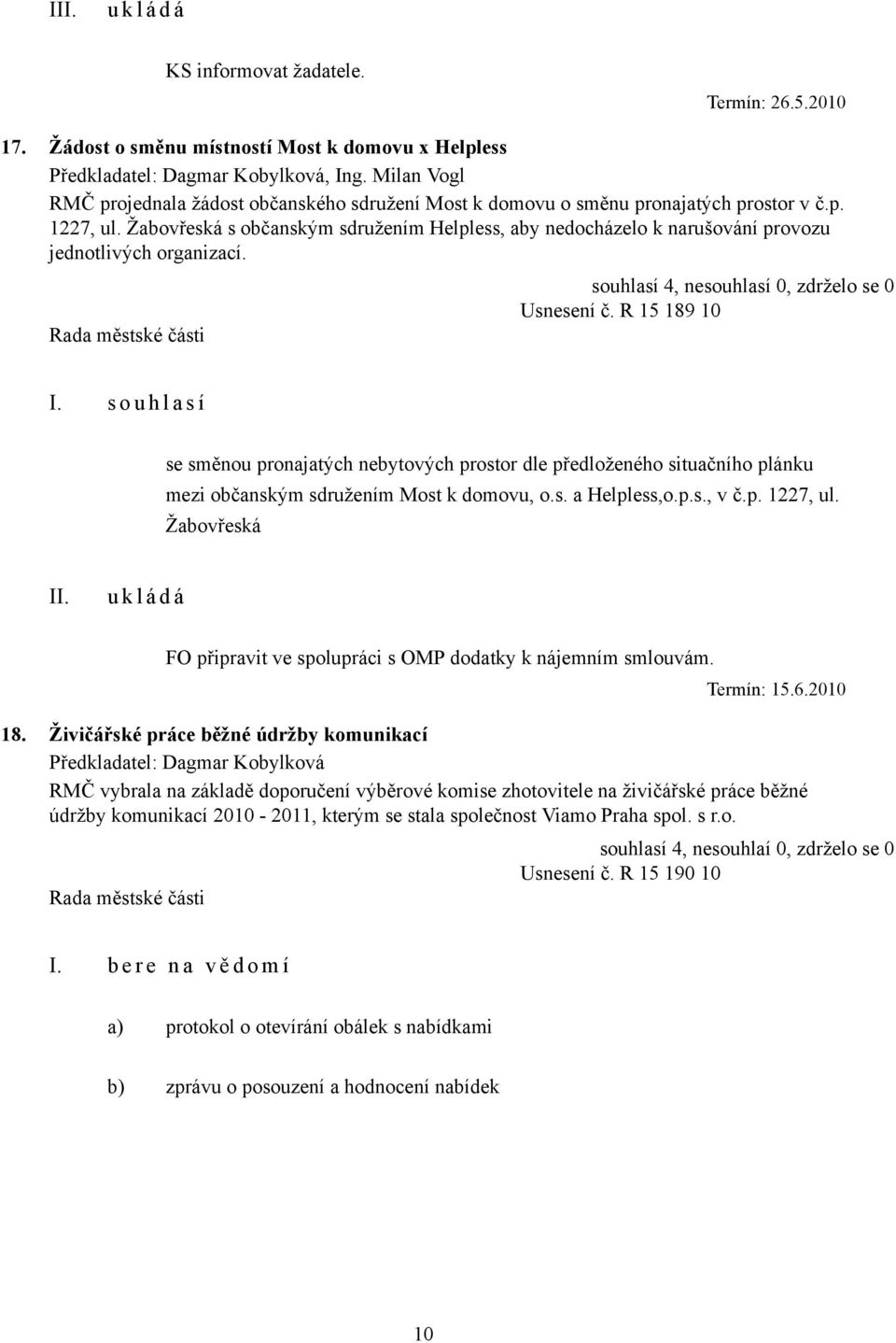 Žabovřeská s občanským sdružením Helpless, aby nedocházelo k narušování provozu jednotlivých organizací. Usnesení č.
