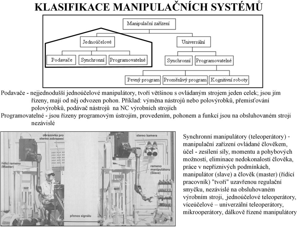 obsluhovaném stroji nezávislé Synchronní manipulátory (teleoperátory) - manipulační zařízení ovládané člověkem, účel - zesílení síly, momentu a pohybových možností, eliminace nedokonalostí člověka,