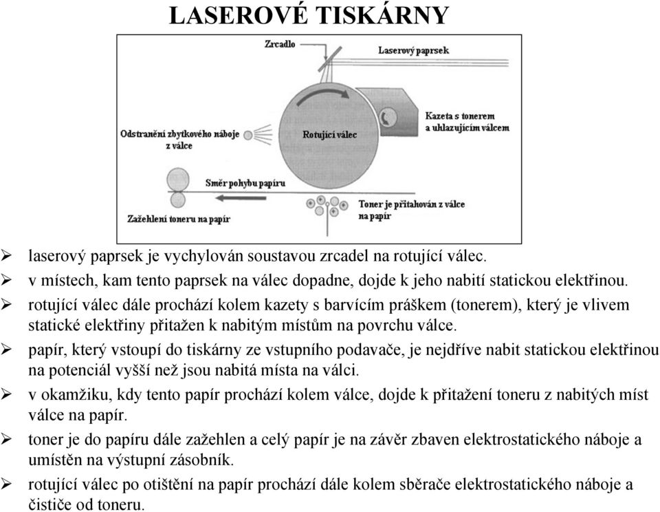 papír, který vstoupí do tiskárny ze vstupního podavače, je nejdříve nabit statickou elektřinou na potenciál vyšší než jsou nabitá místa na válci.