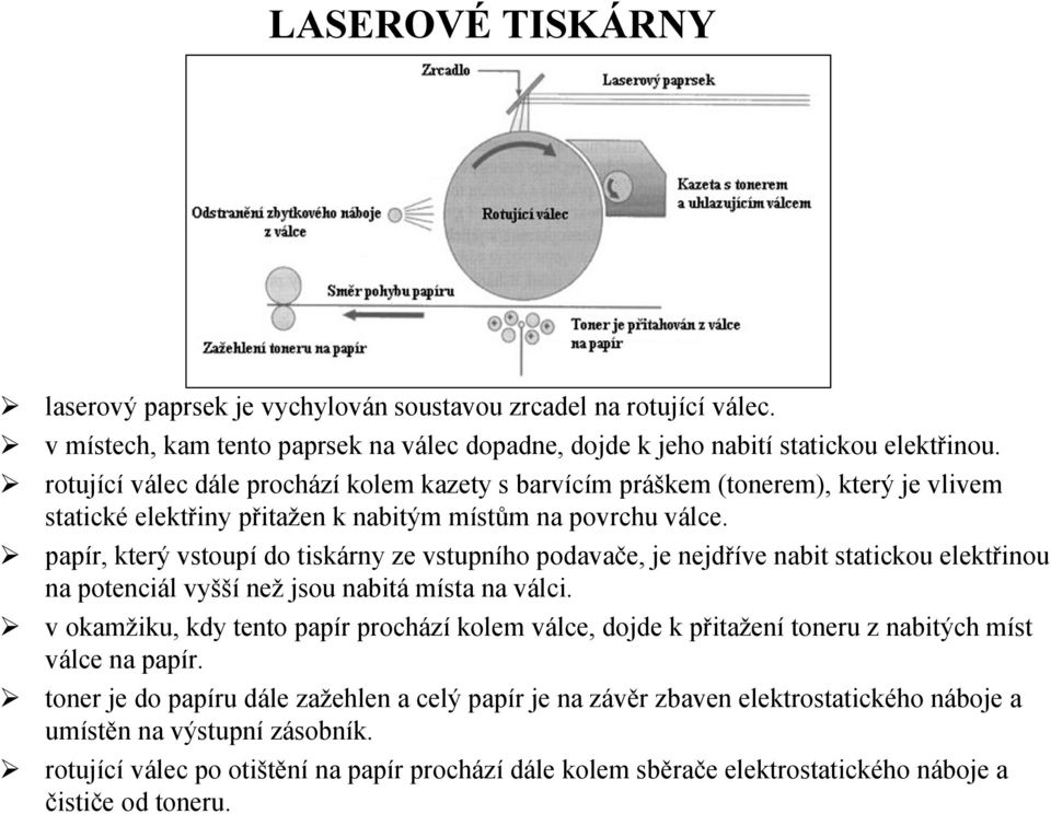 papír, který vstoupí do tiskárny ze vstupního podavače, je nejdříve nabit statickou elektřinou na potenciál vyšší než jsou nabitá místa na válci.