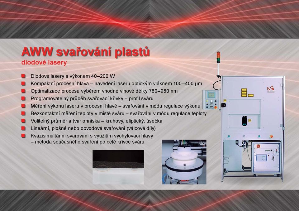 módu regulace výkonu Bezkontaktní měření teploty v místě sváru svařování v módu regulace teploty Volitelný průměr a tvar ohniska kruhový, eliptický,