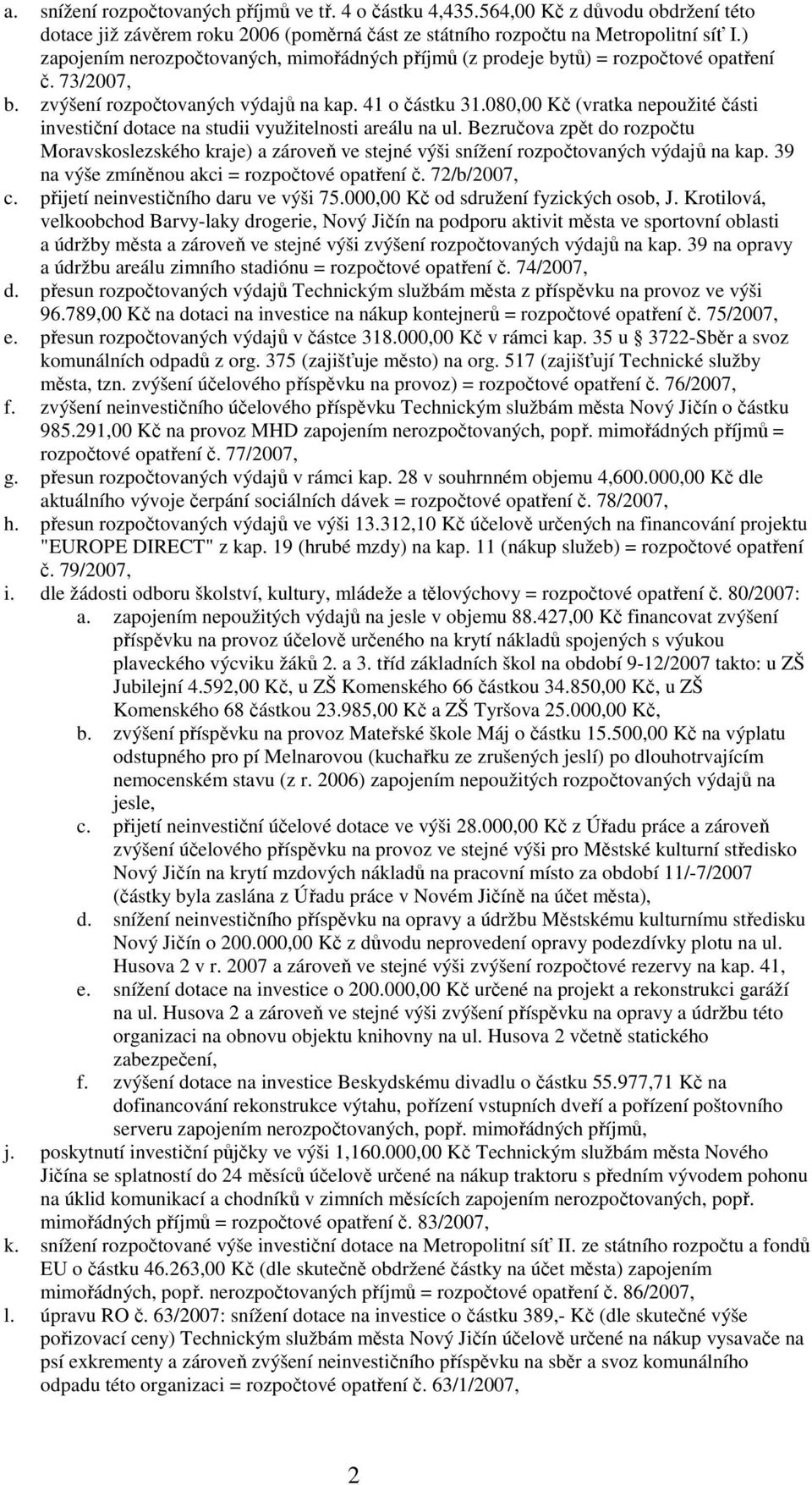 080,00 Kč (vratka nepoužité části investiční dotace na studii využitelnosti areálu na ul.
