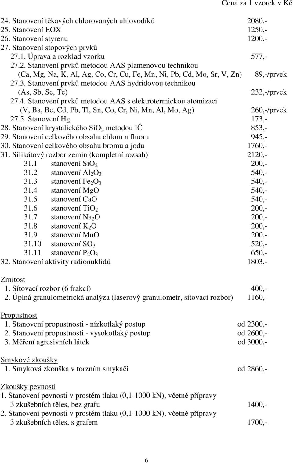 Stanovení prvků metodou AAS s elektrotermickou atomizací (V, Ba, Be, Cd, Pb, Tl, Sn, Co, Cr, Ni, Mn, Al, Mo, Ag) 260,-/prvek 27.5. Stanovení Hg 173,- 28.