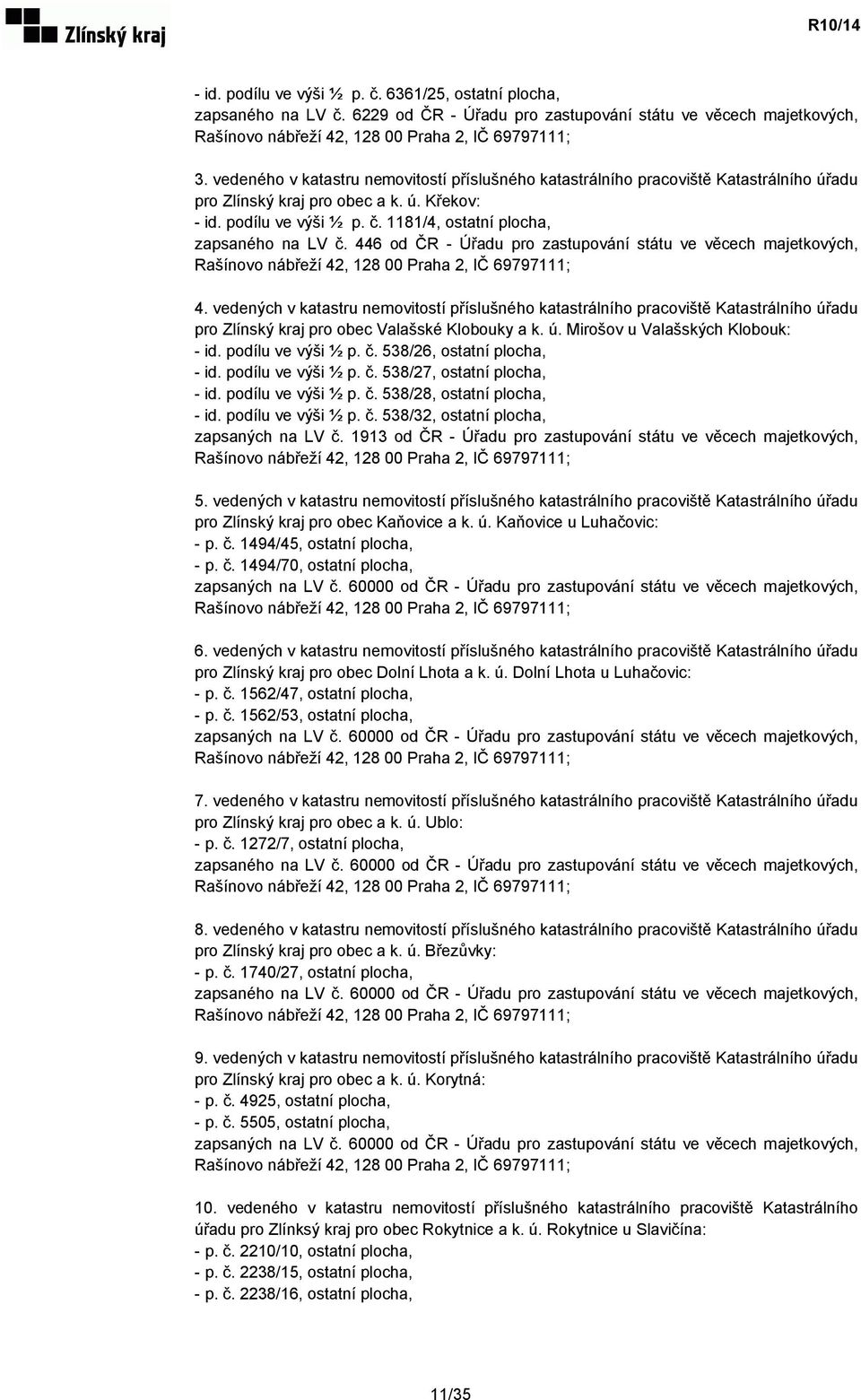 1181/4, ostatní plocha, zapsaného na LV č. 446 od ČR - Úřadu pro zastupování státu ve věcech majetkových, Rašínovo nábřeží 42, 128 00 Praha 2, IČ 69797111; 4.