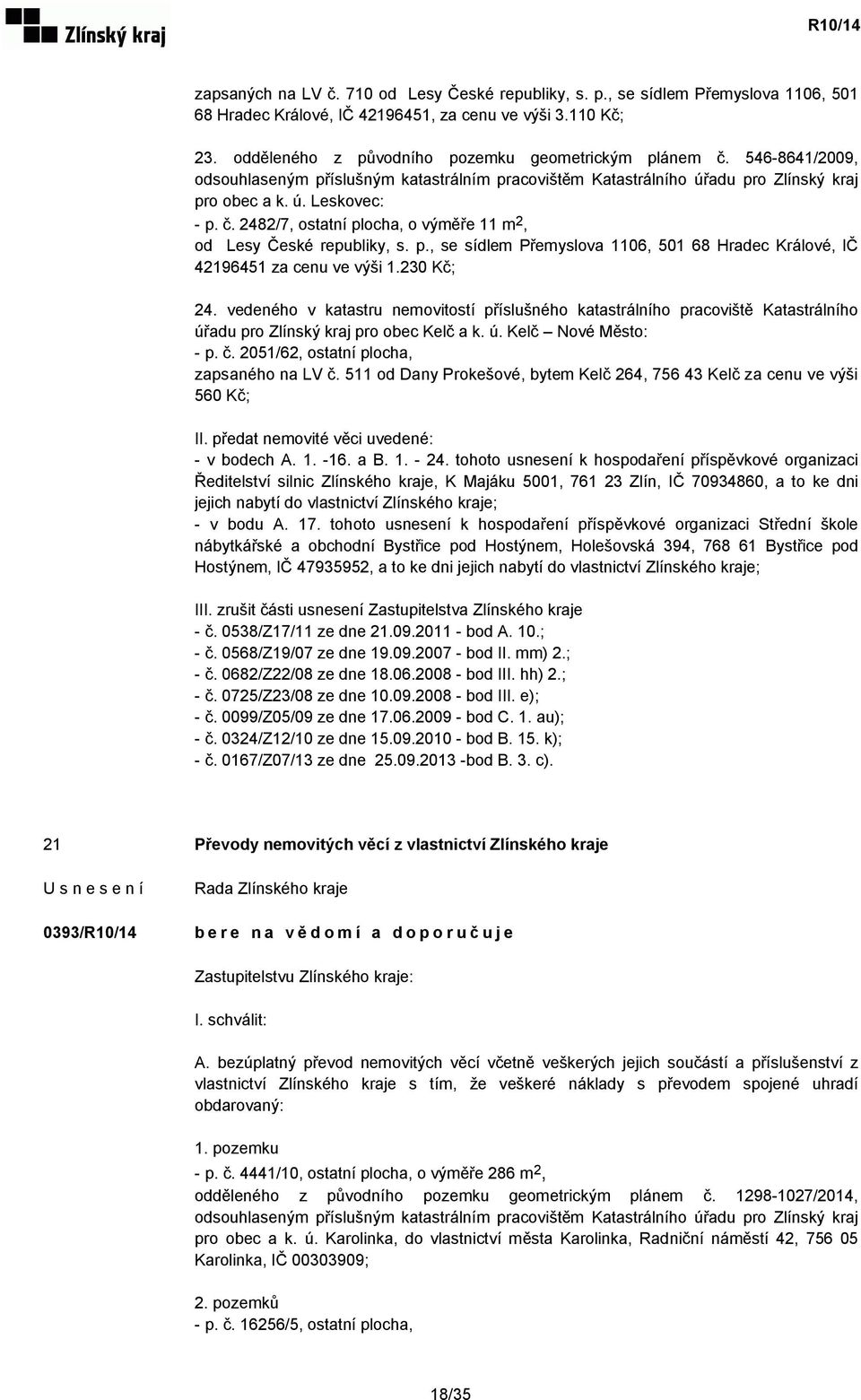 p., se sídlem Přemyslova 1106, 501 68 Hradec Králové, IČ 42196451 za cenu ve výši 1.230 Kč; 24.