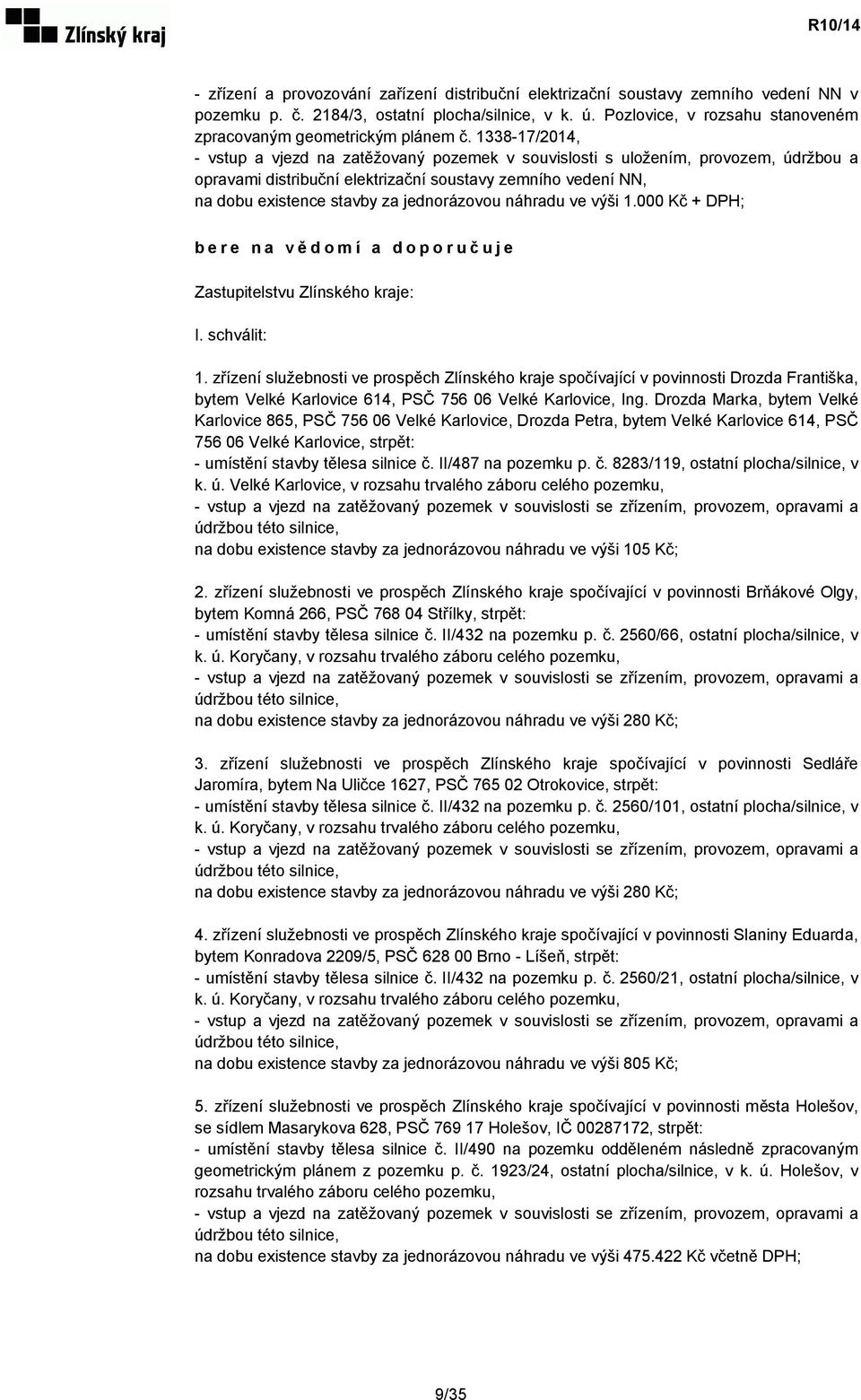 1338-17/2014, - vstup a vjezd na zatěžovaný pozemek v souvislosti s uložením, provozem, údržbou a opravami distribuční elektrizační soustavy zemního vedení NN, na dobu existence stavby za