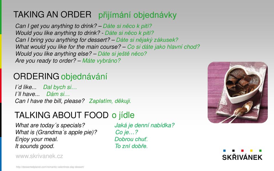 Máte vybráno? ORDERING objednávání I d like... Dal bych si I ll have... Dám si Can I have the bill, please? Zaplatím, děkuji.