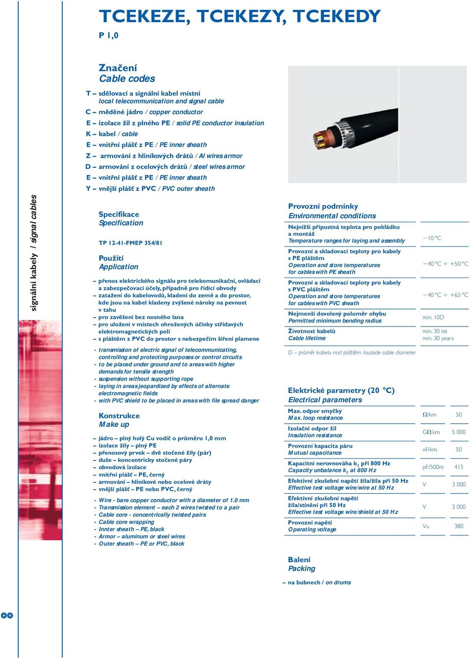 inner sheath Y vnější plášť z PVC / PVC outer sheath Specifikace Specification TP 12-41-FMEP 354/81 Použití Application přenos elektrického signálu pro telekomunikační, ovládací a zabezpečovací