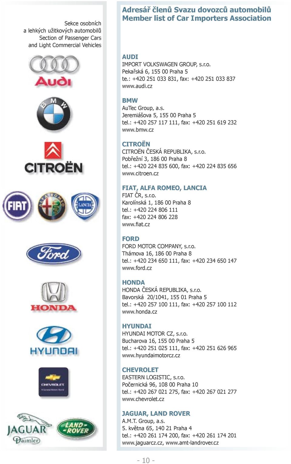: +420 257 117 111, fax: +420 251 619 232 www.bmw.cz CITROËN CITROËN ČESKÁ REPUBLIKA, s.r.o. Pobřežní 3, 186 00 Praha 8 tel.: +420 224 835 600, fax: +420 224 835 656 www.citroen.