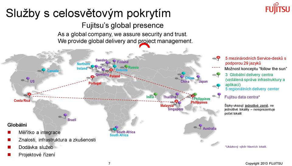 delivery centra (vzdálená správa infrastruktury a aplikací) 5 regionálních delivery center Costa Rica India Thailand Malaysia Singapore Philippines Philippines Fujitsu data centra* Šipky ukazují