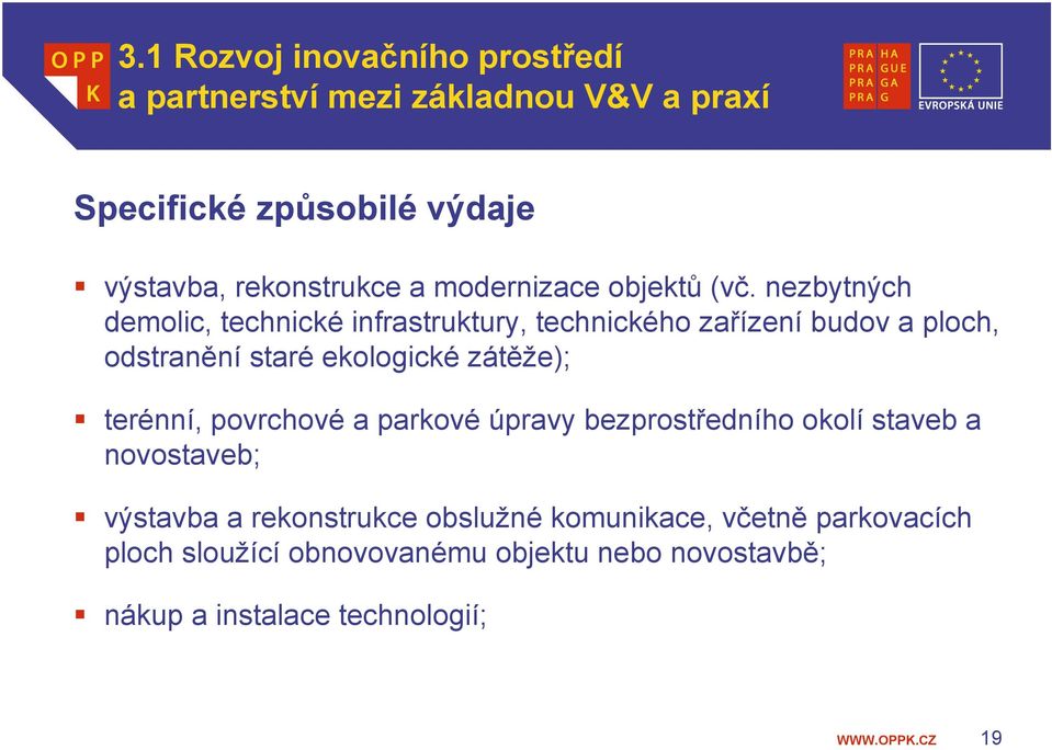 nezbytných demolic, technické infrastruktury, technického zařízení budov a ploch, odstranění staré ekologické zátěže); terénní,