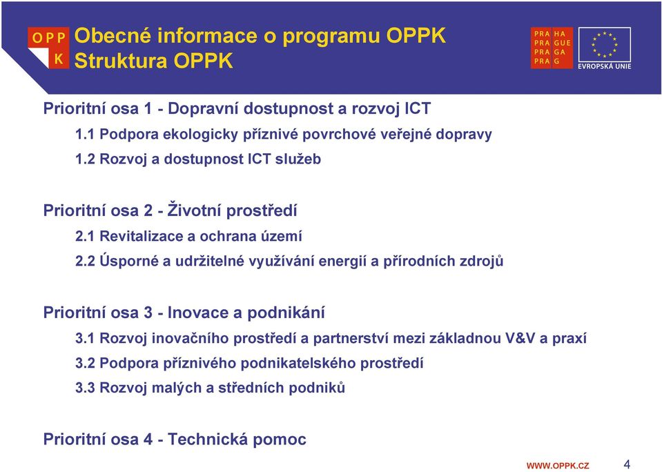 1 Revitalizace a ochrana území 2.2 Úsporné a udržitelné využívání energií a přírodních zdrojů Prioritní osa 3 - Inovace a podnikání 3.