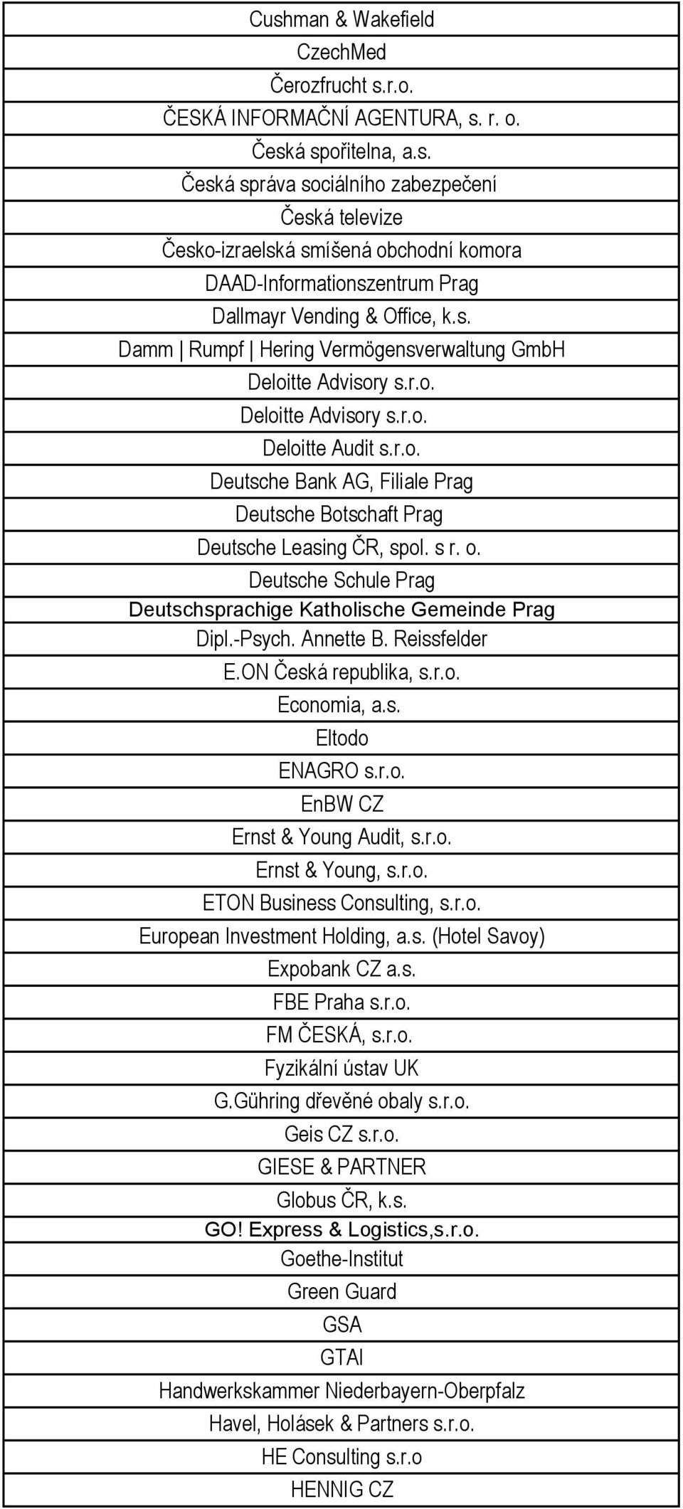 s r. o. Deutsche Schule Prag Deutschsprachige Katholische Gemeinde Prag Dipl.-Psych. Annette B. Reissfelder E.ON Česká republika, s.r.o. Economia, a.s. Eltodo ENAGRO s.r.o. EnBW CZ Ernst & Young Audit, s.