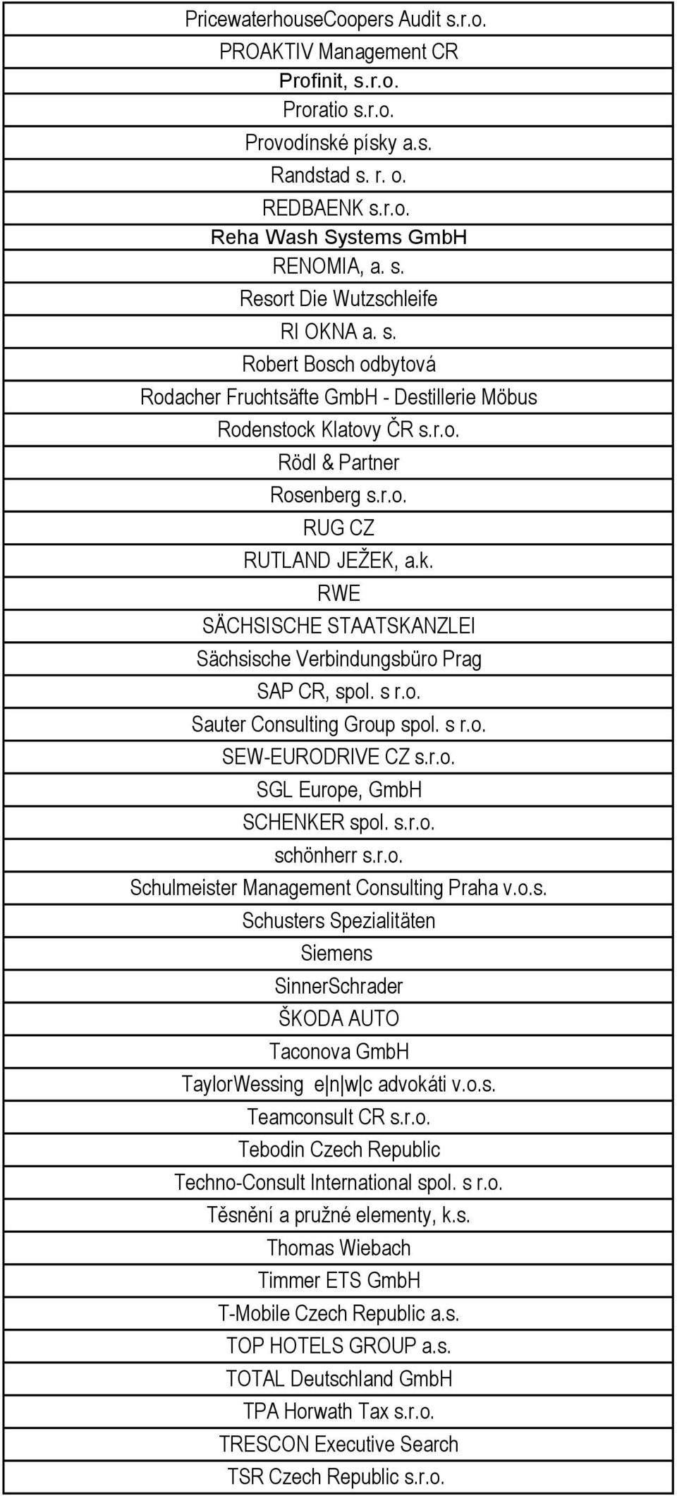 s r.o. Sauter Consulting Group spol. s r.o. SEW-EURODRIVE CZ s.r.o. SGL Europe, GmbH SCHENKER spol. s.r.o. schönherr s.r.o. Schulmeister Management Consulting Praha v.o.s. Schusters Spezialitäten Siemens SinnerSchrader ŠKODA AUTO Taconova GmbH TaylorWessing e n w c advokáti v.