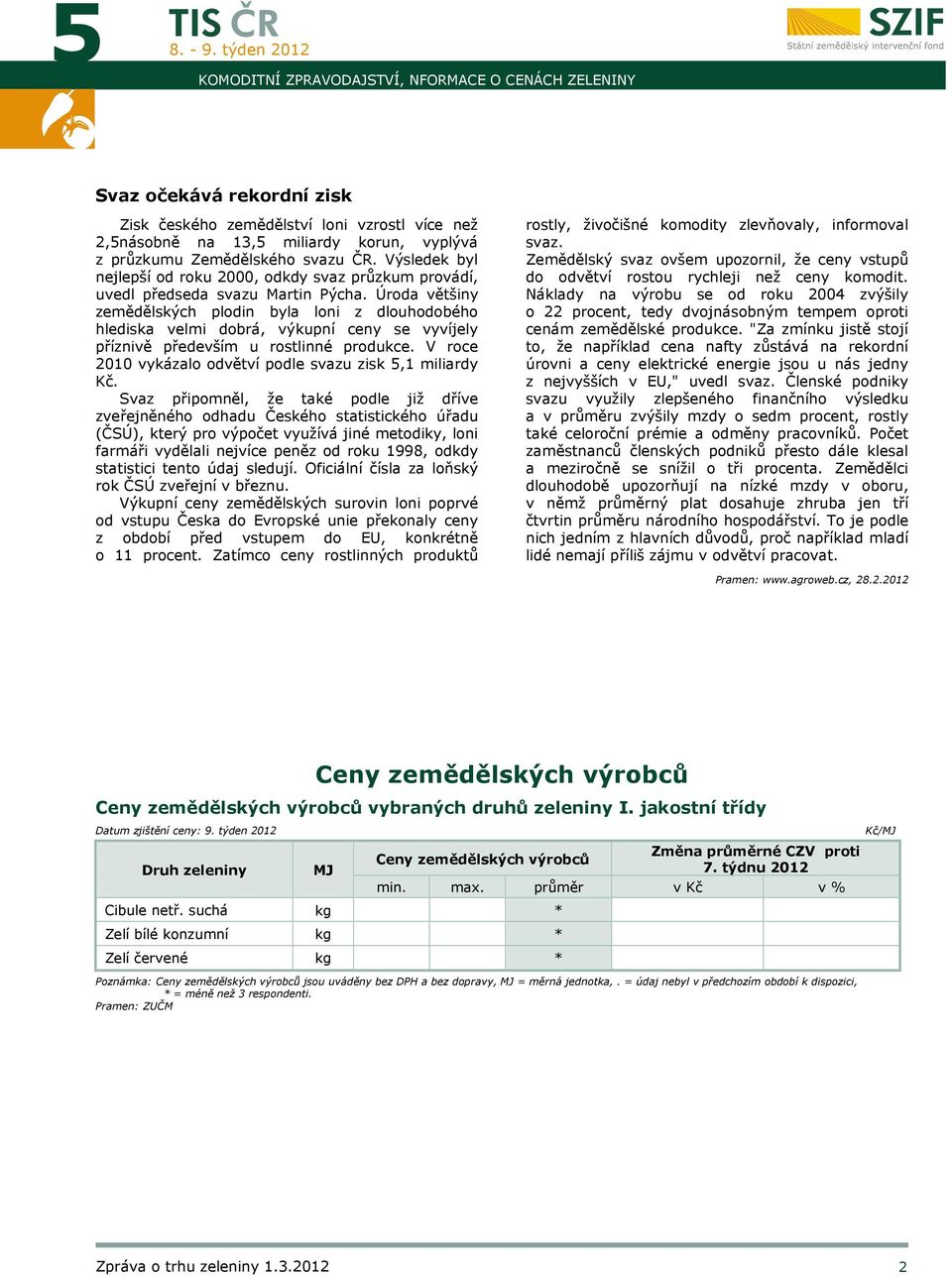 Úroda většiny zemědělských plodin byla loni z dlouhodobého hlediska velmi dobrá, výkupní ceny se vyvíjely příznivě především u rostlinné produkce.