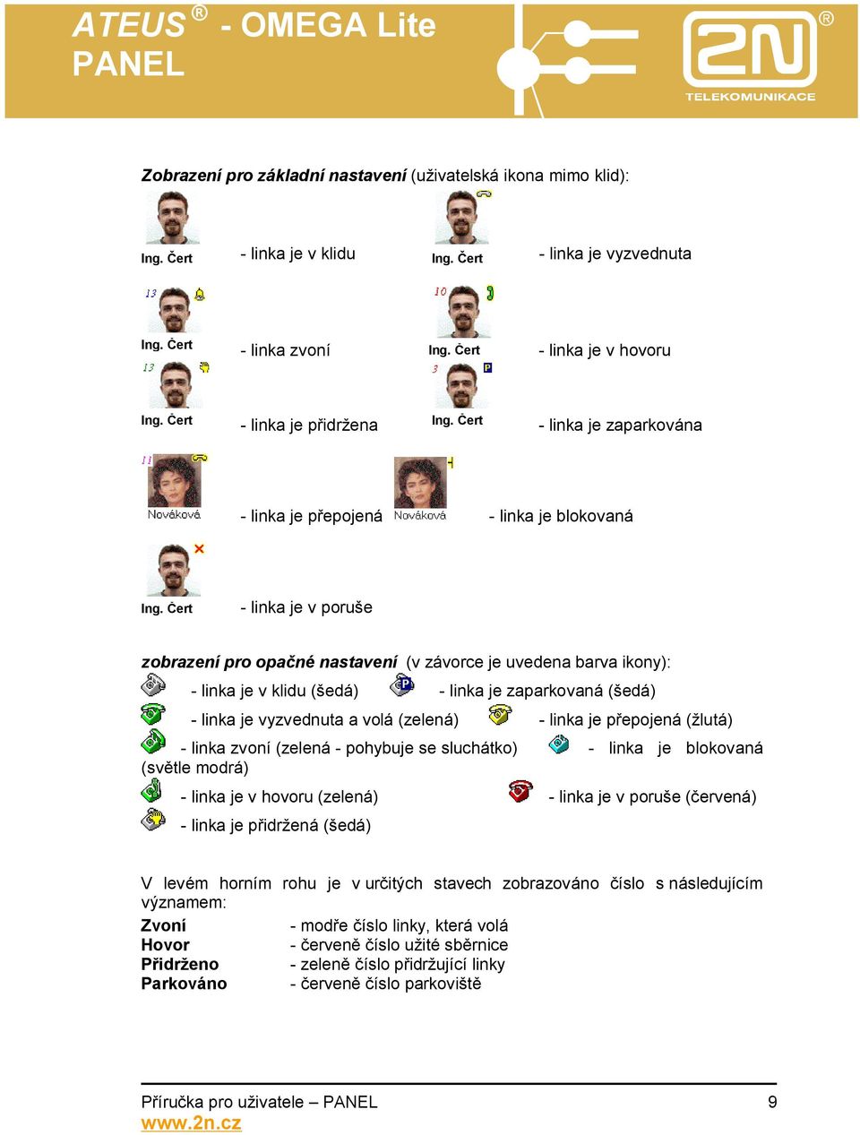 Čert - linka je v poruše zobrazení pro opačné nastavení (v závorce je uvedena barva ikony): - linka je v klidu (šedá) - linka je zaparkovaná (šedá) - linka je vyzvednuta a volá (zelená) - linka je