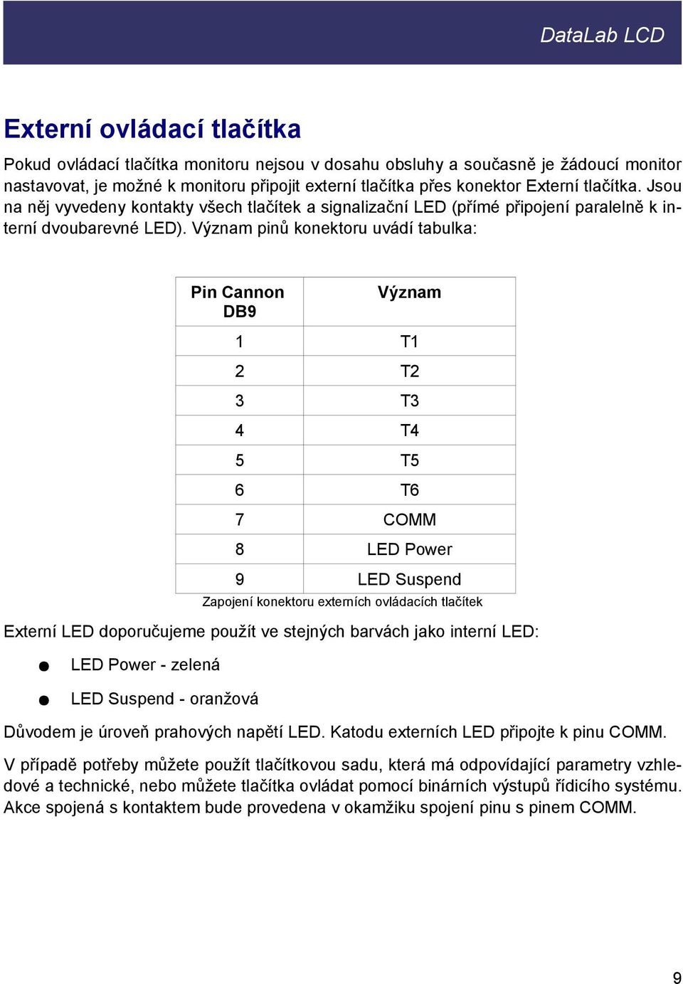 Význam pinů konektoru uvádí tabulka: Pin Cannon DB9 Význam 1 T1 2 T2 3 T3 4 T4 5 T5 6 T6 7 COMM 8 LED Power 9 LED Suspend Zapojení konektoru externích ovládacích tlačítek Externí LED doporučujeme