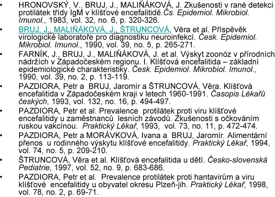 Výskyt zoonóz v přírodních nádržích v Západočeském regionu. I. Klíšťová encefalitida základní epidemiologické charakteristiky. Česk. Epidemiol. Mikrobiol. Imunol., 1990, vol. 39, no. 2, p. 113-119.