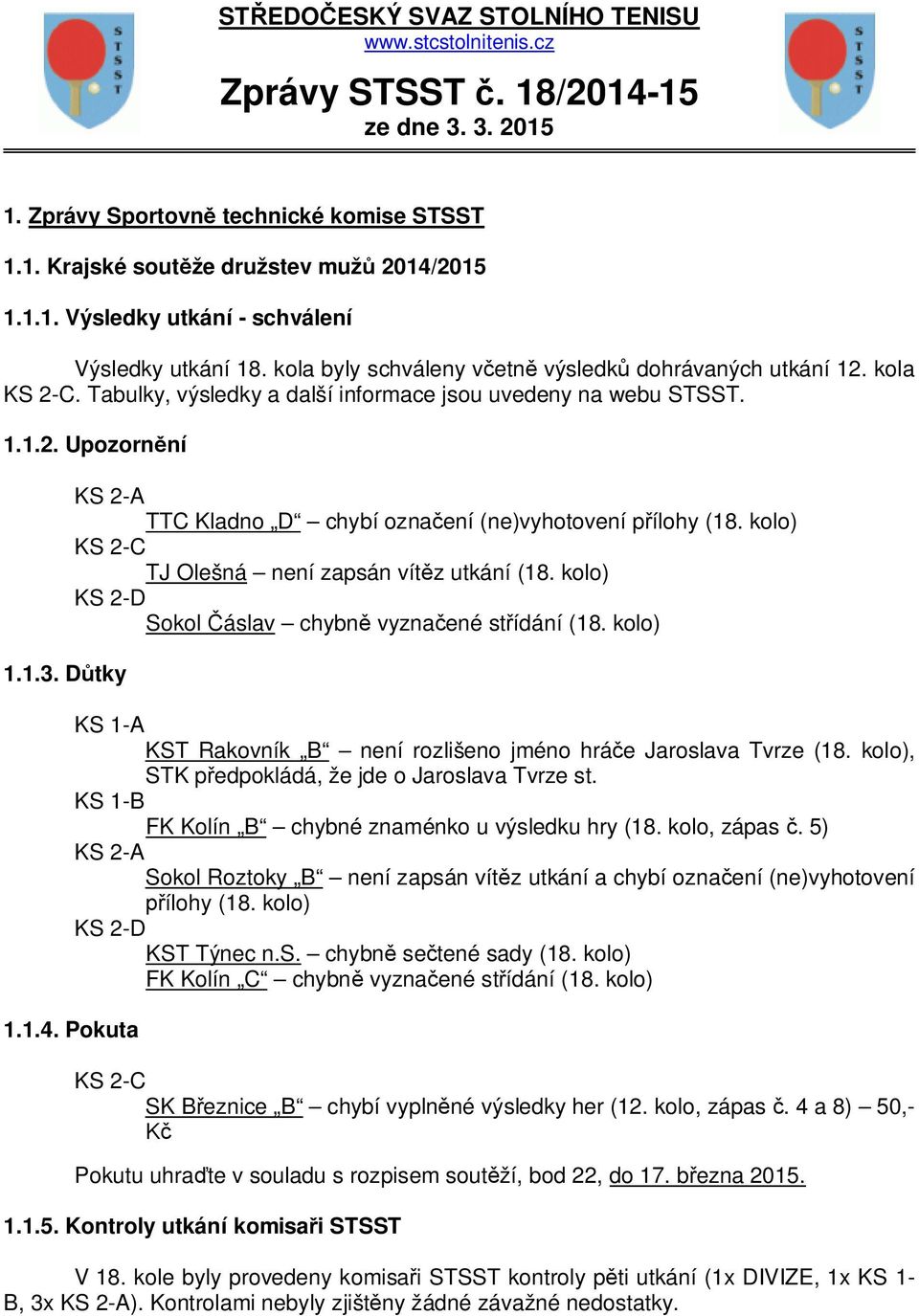 Důtky KS 2-A TTC Kladno D chybí označení (ne)vyhotovení přílohy (18. kolo) KS 2-C TJ Olešná není zapsán vítěz utkání (18. kolo) KS 2-D Sokol Čáslav chybně vyznačené střídání (18.