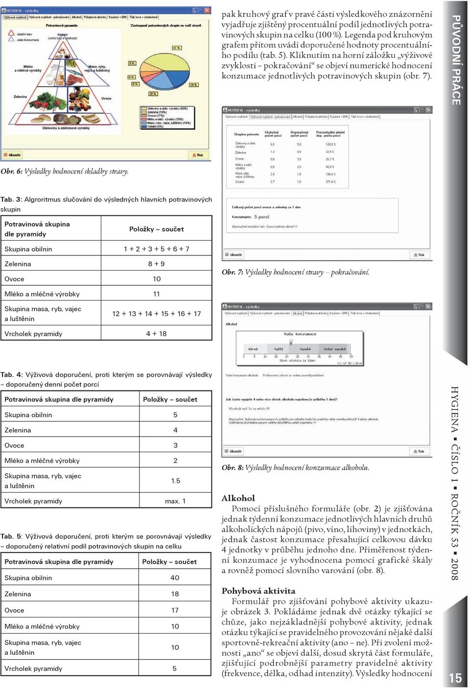 Kliknutím na horní záložku výživové zvyklosti pokraèování se objeví numerické hodnocení konzumace jednotlivých potravinových skupin (obr. 7). PÙVODNÍ PRÁCE Obr. 6: Výsledky hodnocení skladby stravy.