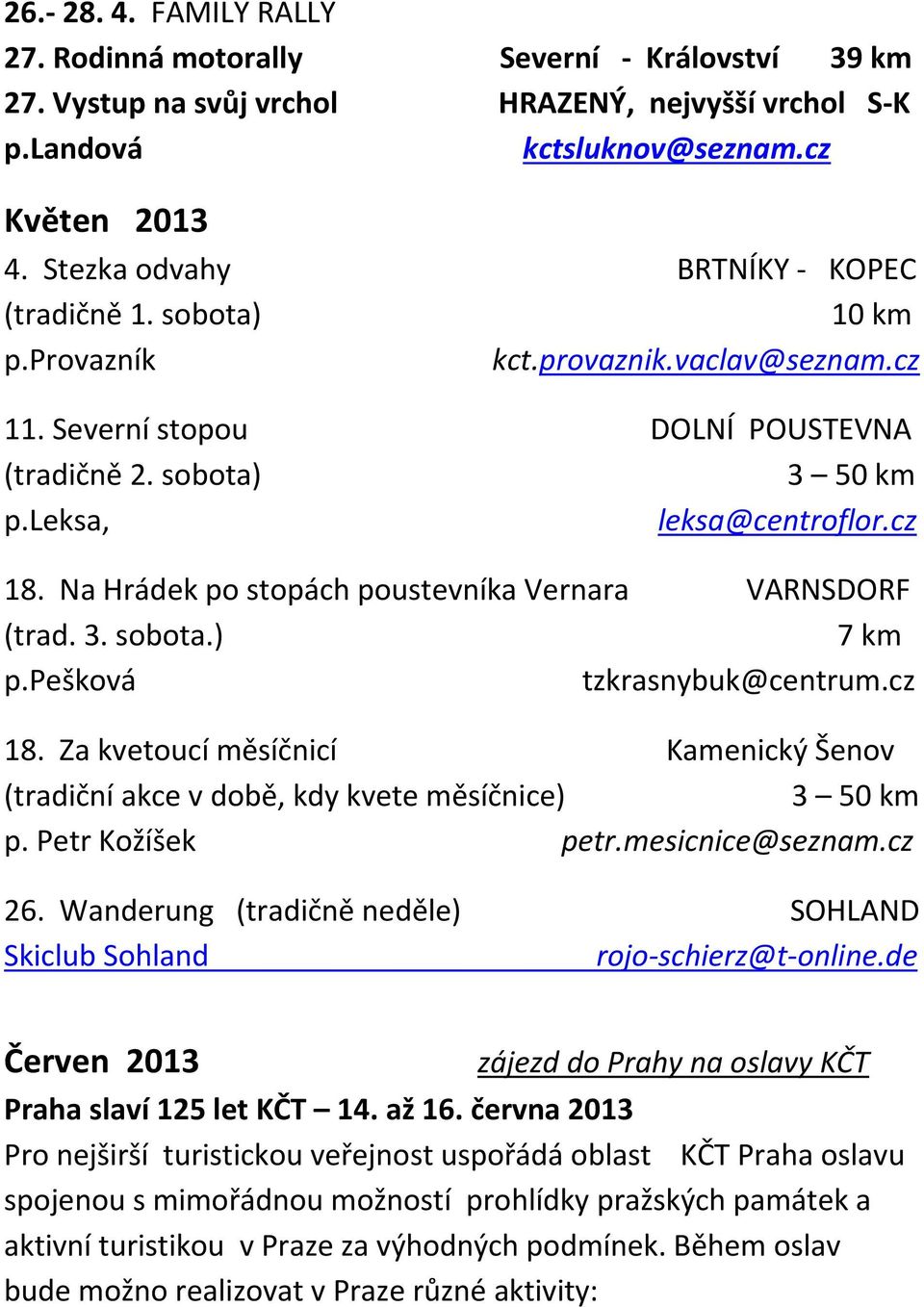 pešková tzkrasnybuk@centrum.cz 18. Za kvetoucí měsíčnicí Kamenický Šenov (tradiční akce v době, kdy kvete měsíčnice) 3 50 km p. Petr Kožíšek petr.mesicnice@seznam.cz 26.