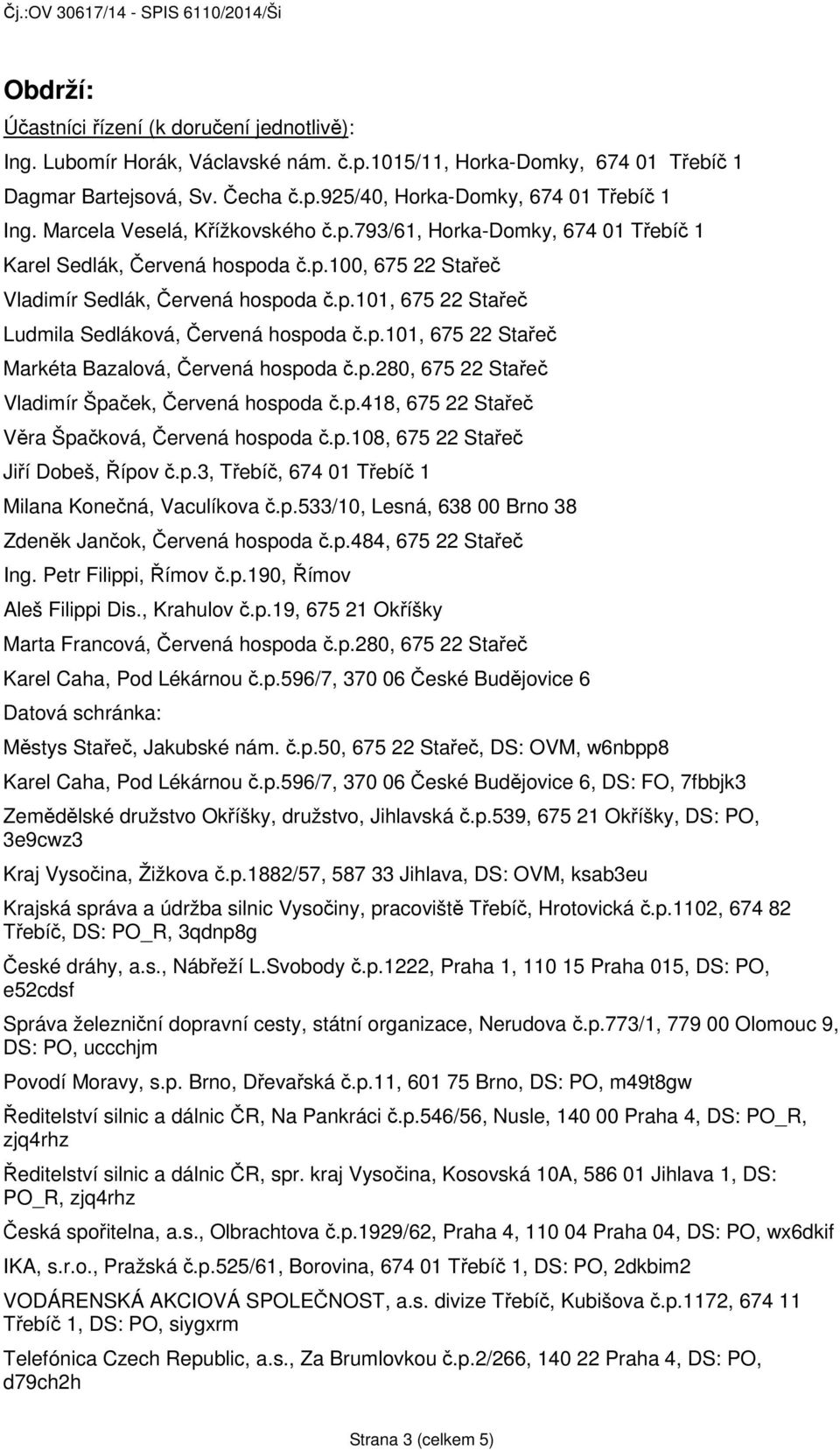 p.101, 675 22 Stařeč Markéta Bazalová, Červená hospoda č.p.280, 675 22 Stařeč Vladimír Špaček, Červená hospoda č.p.418, 675 22 Stařeč Věra Špačková, Červená hospoda č.p.108, 675 22 Stařeč Jiří Dobeš, Řípov č.