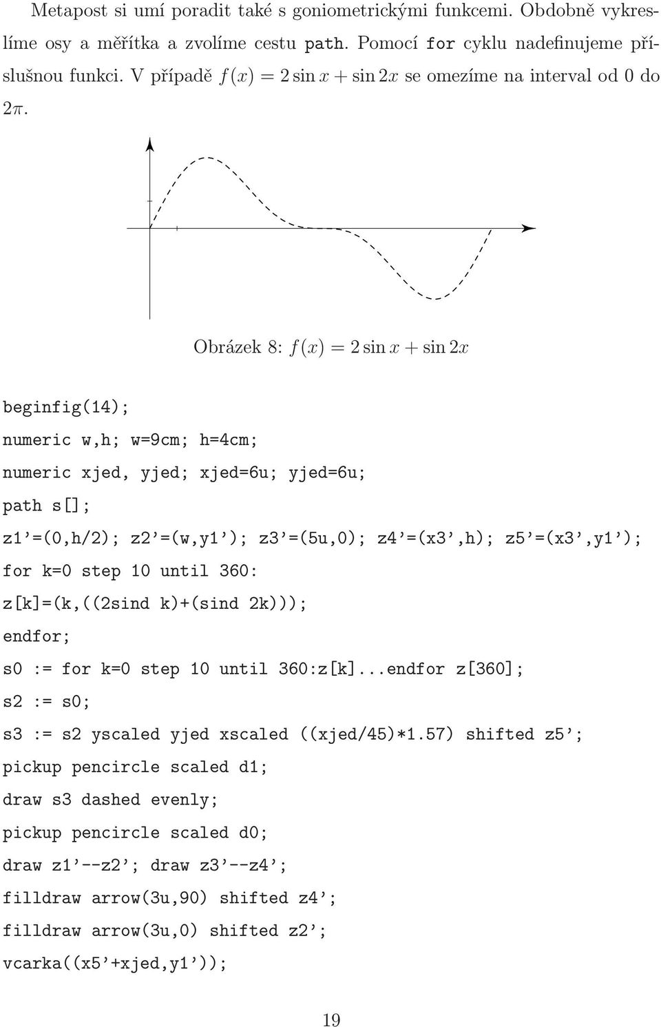 Obrázek 8: f(x) =2sinx +sin2x beginfig(14); numeric w,h; w=9cm; h=4cm; numeric xjed, yjed; xjed=6u; yjed=6u; path s[]; z1 =(0,h/2); z2 =(w,y1 ); z3 =(5u,0); z4 =(x3,h); z5 =(x3,y1 ); for k=0 step 10