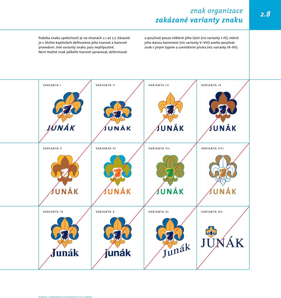Není možné znak jakkoliv tvarově upravovat, deformovat a používat pouze některé jeho části (viz varianty I IV), měnit jeho danou barevnost (viz