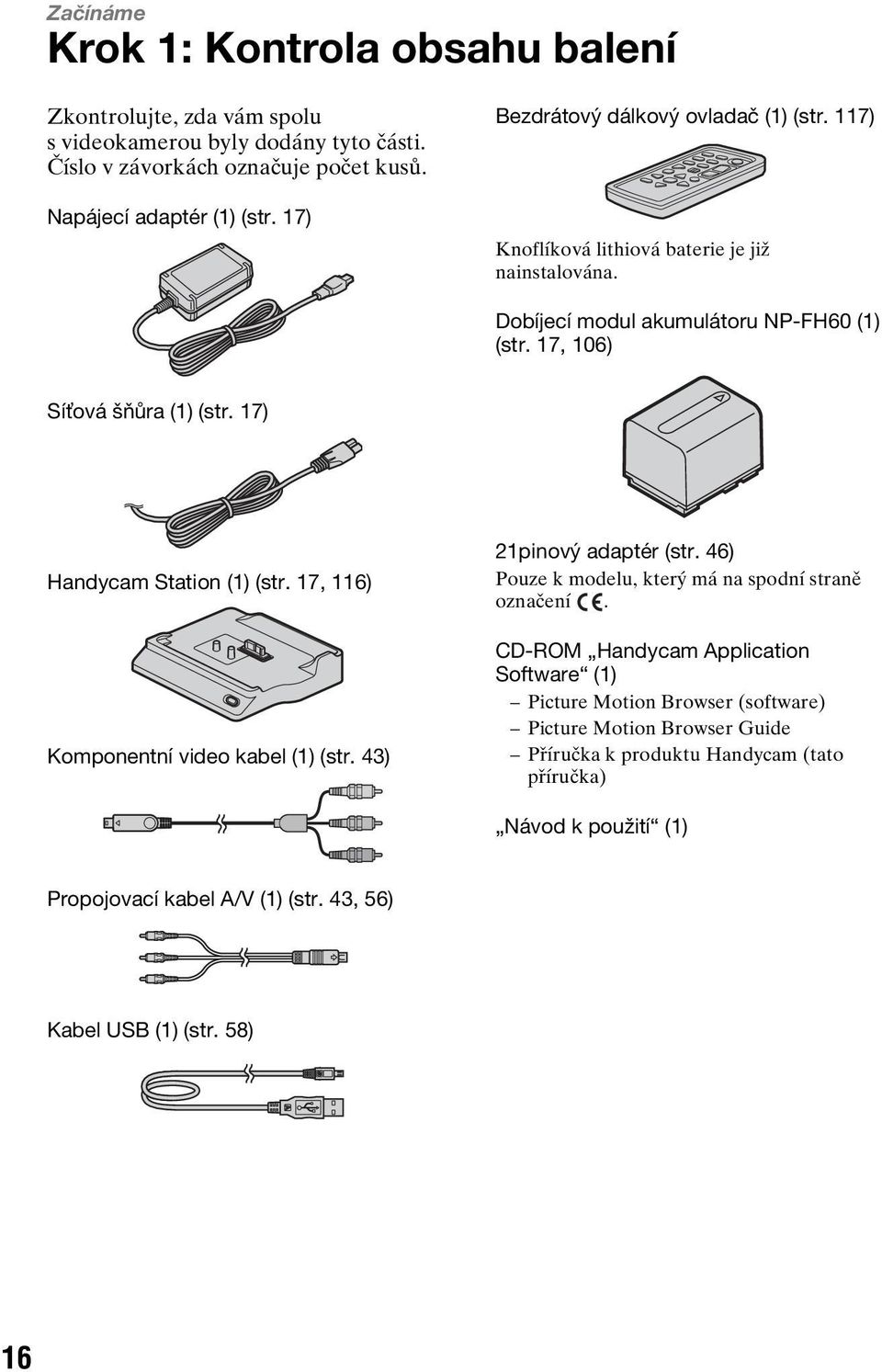 17) Handycam Station (1) (str. 17, 116) Komponentní video kabel (1) (str. 43) 21pinový adaptér (str. 46) Pouze k modelu, který má na spodní straně označení.